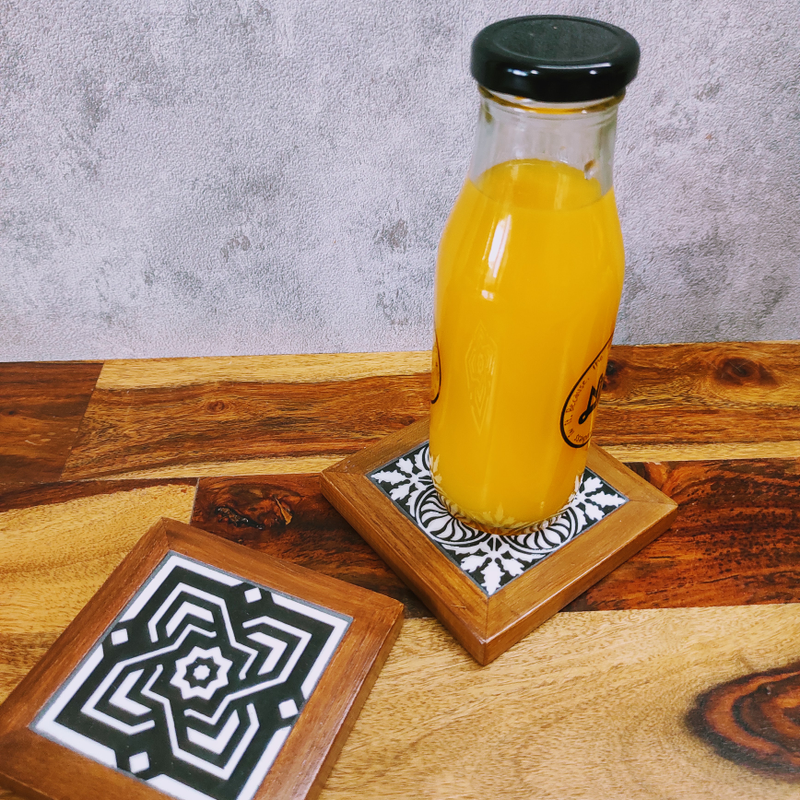 Teakwood Coasters (Set of 2) with Black & White Ceramic Tiles